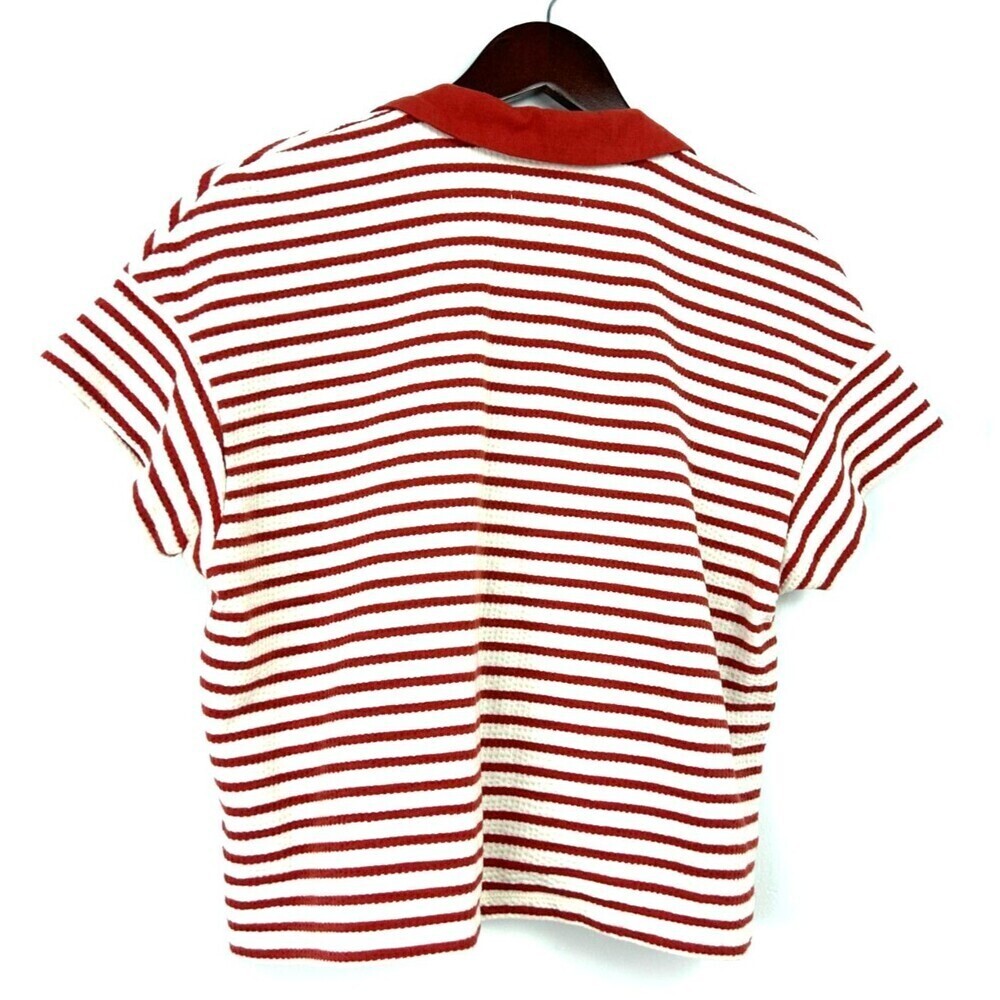 Madewell Women Burnt Red White Striped Texture Rib Cropped Polo Tee Sz S 1254H4 - Picture 6 of 12
